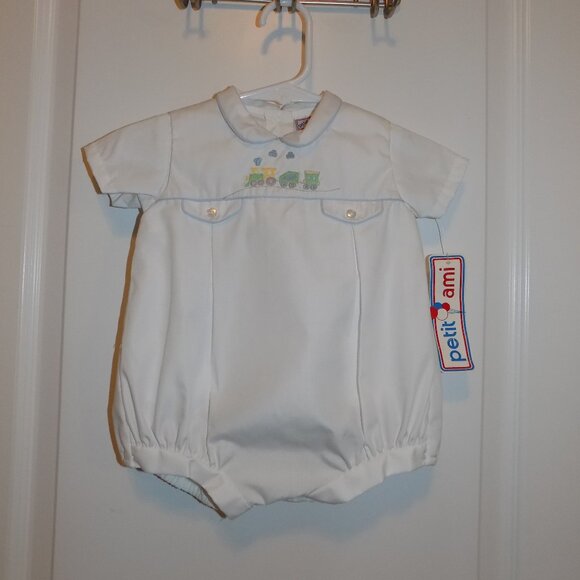 NWT PETIT AMI 6M White 2pc Train Romper Boys Bubble Collar Shirt Embroidered - Picture 1 of 11